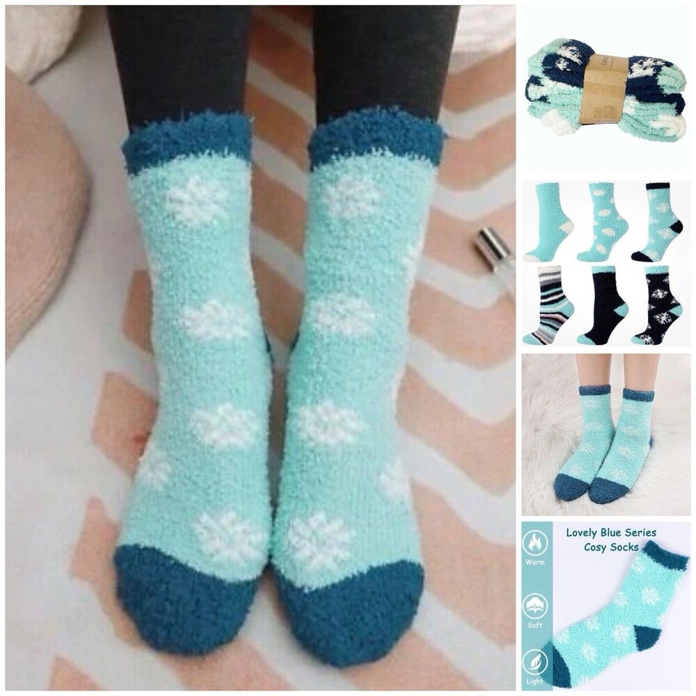 3 Pairs Women’s Fuzzy Cozy Slipper Socks Winter Warm Soft Plush Blue Size 9-11